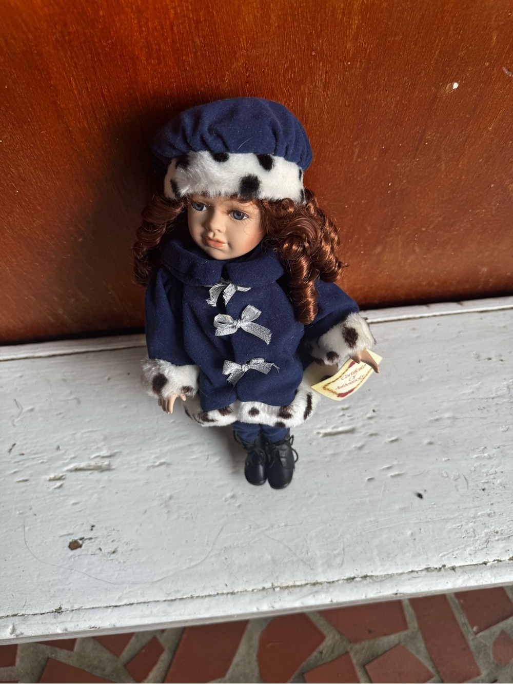 Collector’s Choice ~Porcelain Red Curly Hair Doll, Blue Eyes Winter Blue Outfit